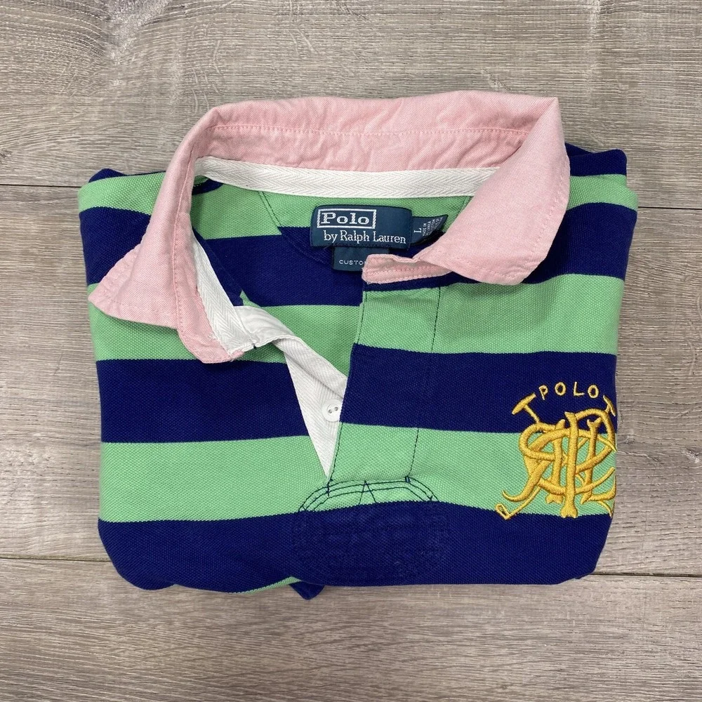 Polo Ralph Lauren Polo Shirt Mens Large Green Navy Striped Custom Fit Rugby Logo - Picture 7 of 16